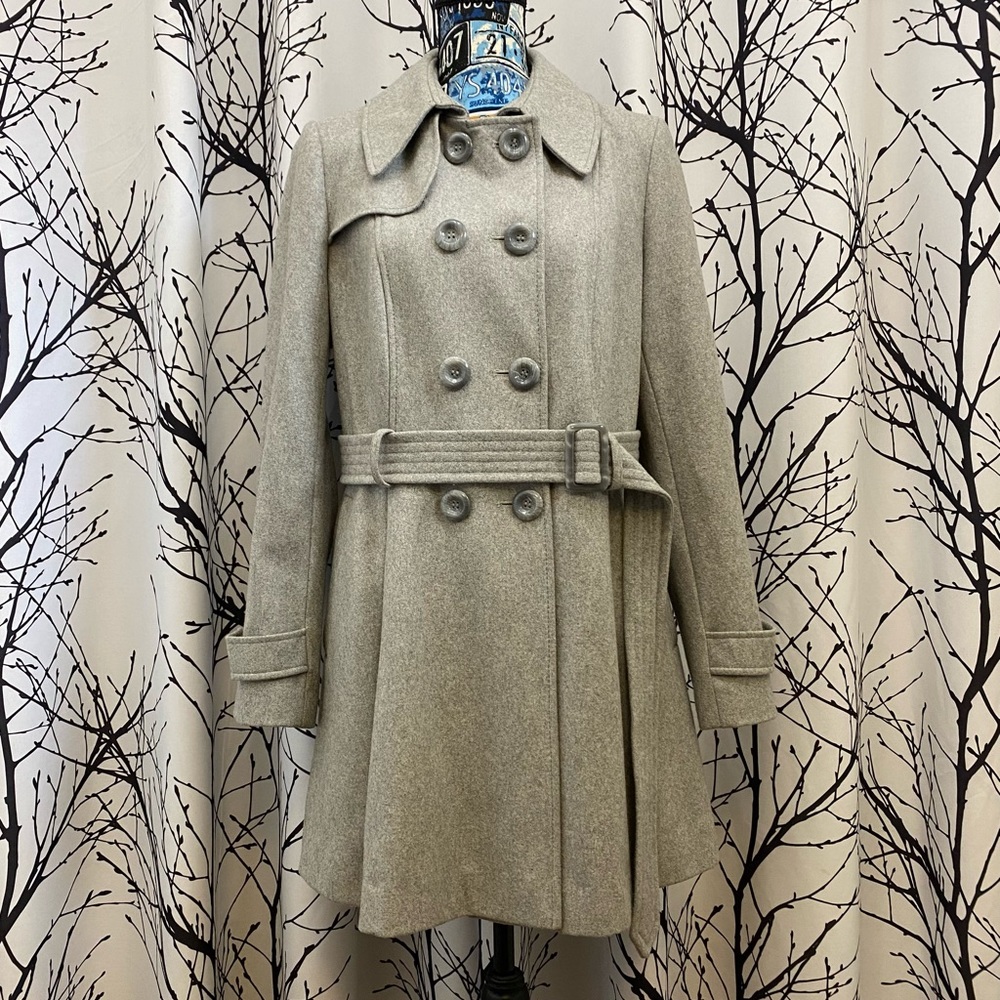 MODA INTERNATIONAL Women's Size 12 Ice Gray Trench Coat Belted Lined Wool